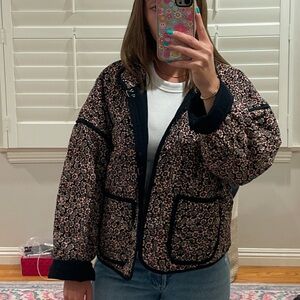 Free People Black Quilted Floral Jacket with Pink Accents